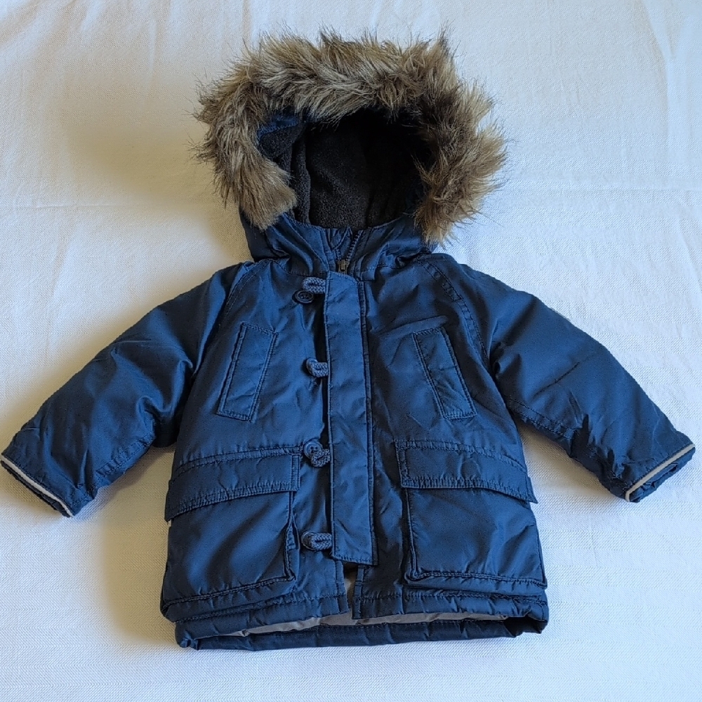 babyGap down filled winter parka faux fur trim blue 12-18 months